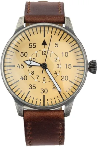 Mil-Tec Luftwaffe Me109 Aviator - Reloj vintage alemán WW2 Flieger Pilot para hombre, correa militar de cuero marrón de piel de ternero fácil de