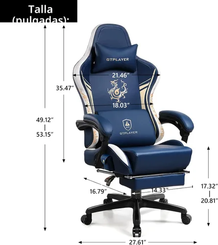 Miniatura 3 de GTPLAYER Silla de juegos con altavoces Bluetooth y reposapiés, silla de videojuegos de la serie Dragon, resistente, ergonómica, silla de oficina Azul