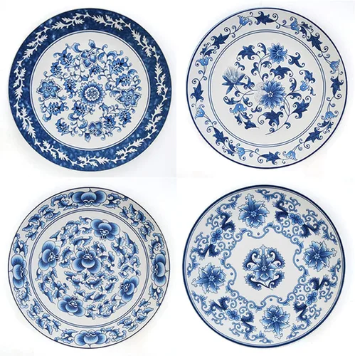 Miniatura 6 de Platos decorativos de porcelana azul y blanca de 10.2 in con patrón floral oriental para manualidades de cerámica para adornos, 1 plato con 1 CP003