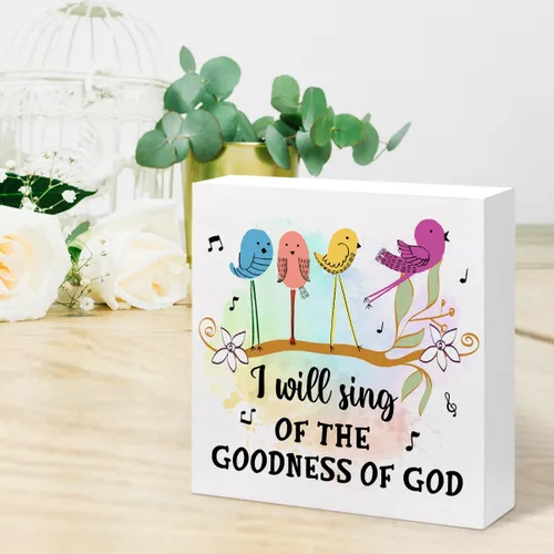 Miniatura 6 de Letrero de madera con versículo bíblico, decoración de escritorio con texto en inglés "I will Sing of the Goodness of Gods