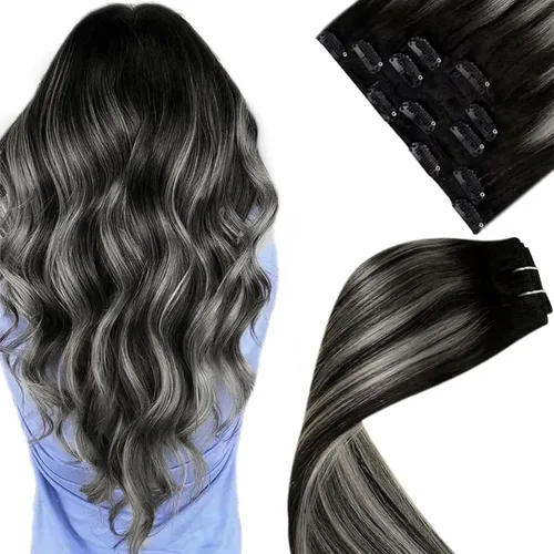 LaaVoo - Extensiones de cabello humano con clip, de 18 pulgadas, balayage, de color negro a gris plateado, cabello humano lacio y sedoso, 5
