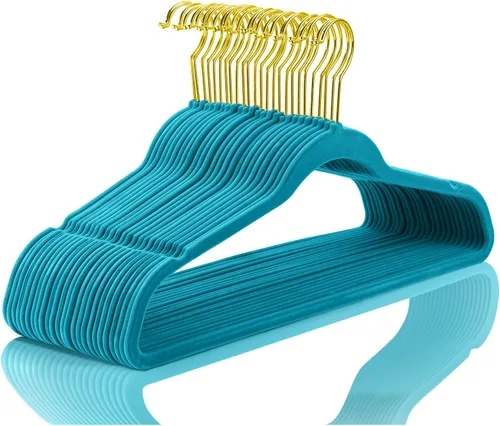 Miniatura 30 de MIZGI Perchas de terciopelo prémium (paquete de 50) resistentes y antideslizantes, perchas de terciopelo rosa rubor - ganchos dorados, perchas