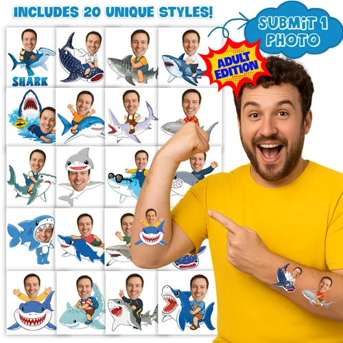 Miniatura 3 de Tatuajes temporales de tiburón personalizados para niños, tatuajes de fotos faciales precortados personalizados, divertidos recuerdos de fiesta