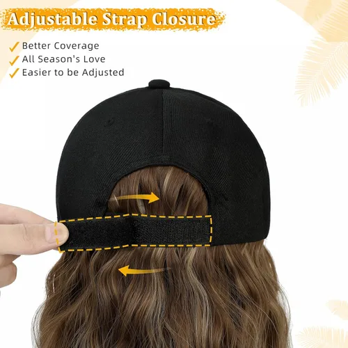 Miniatura 4 de Gorra de béisbol con extensiones de cabello, peluca ajustable, gorra rizada de 14 pulgadas, peluca sintética para mujer, marrón claro mezcla