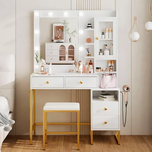 Escritorio de tocador moderno con espejo HD y luces, mesa de maquillaje con 4 cajones y gabinete de vidrio, 3 colores de iluminación ajustables, 004