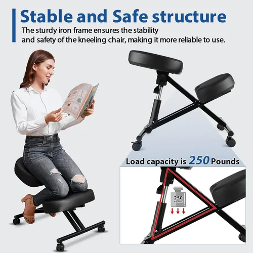 Miniatura 8 de Silla ergonómica de oficina, taburete ajustable en altura con cojines de espuma gruesos y ruedas deslizantes suaves para mejorar la postura
