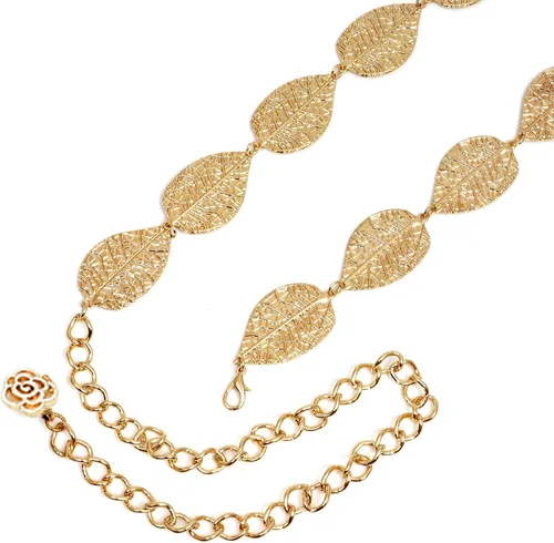 Miniatura 4 de Coucoland Cinturón de cadena de cintura ajustable para mujer, diseño de hoja de metal para vestido, Oro