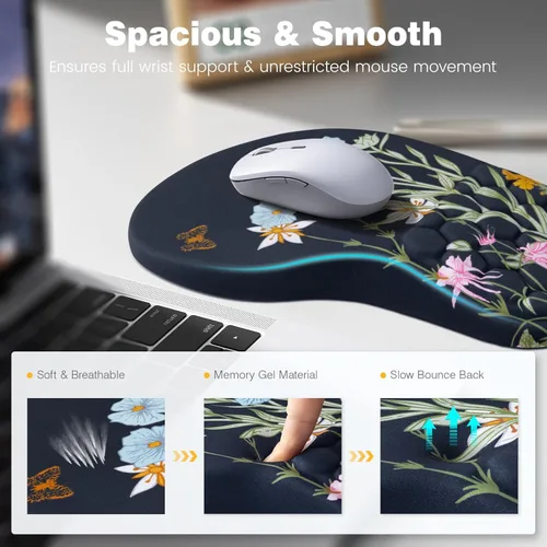Miniatura 3 de Ospelelf Almohadilla Ergonómica para Mouse y Soporte con Reposamuñecas para Teclado, Comodidad de Espuma Viscoelástica, Alivio del Dolor para Flores