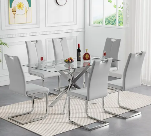 Miniatura 67 de Juego de mesa de comedor redonda de 3 piezas para 2, mesa de cocina moderna de vidrio plateado y sillas para 2 con sillas tapizadas, juego de mesa