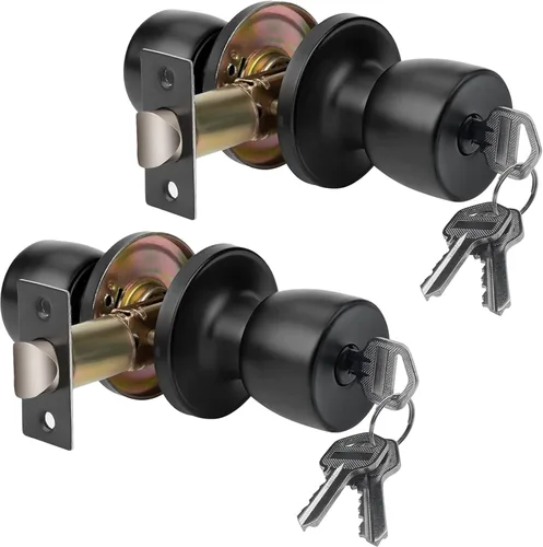 Miniatura 9 de JO.KO Pomo de puerta con cerradura y llave, cerradura de bola redonda mate negra para puerta interior/exterior para dormitorio o baño/manija