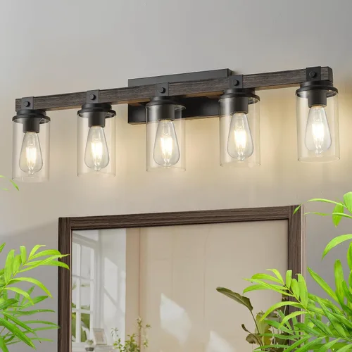 Miniatura 8 de Lámpara de Baño Estilo Granja de Madera Negra, Iluminación de Tocador de 2 Luces, Aplique de Pared de Madera, Accesorio de Pared Industrial Rústico