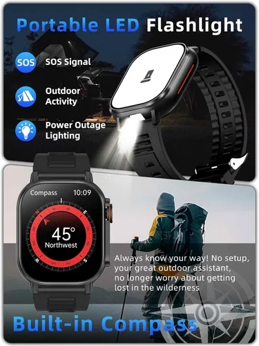 Miniatura 3 de KPEP Military Watches for Men (2 Straps), 2.01" Fitness Tracker Watch with LED Flashlight, 100 Days Battery, Compass, SpO2 Heart Rate Monitor, Sleep