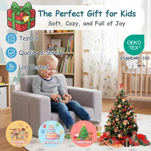 Miniatura 8 de Tiita Sofá para niños, sofá infantil 2 en 1, sofá convertible para niños, sofá convertible para niños, sofá plegable para niños o niñas (gris)