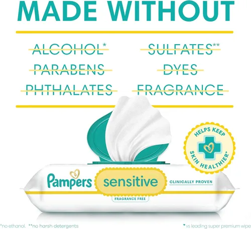 Miniatura 7 de Pampers Toallitas para bebés sensibles, a base de agua, hipoalergénicas y sin perfume, 504 en total (6 paquetes abatibles)