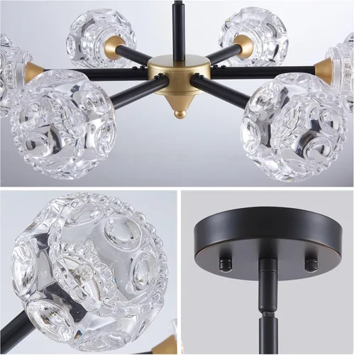Miniatura 6 de XINGQI Lámpara de techo moderna de 6 luces, lámpara de montaje semiempotrado Sputnik, lámparas de araña doradas en negro para recámara, comedor