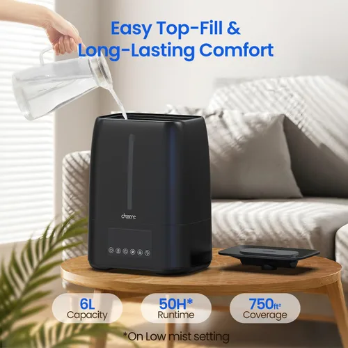 Miniatura 2 de Humidificador ultrasónico de 6L con llenado superior - Niebla fría y cálida para dormitorio, bebé, habitaciones grandes y plantas, control Negro