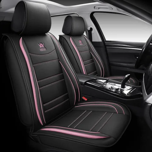 Miniatura 3 de Juego completo de fundas de cuero de lujo para asiento de automóvil, ajuste universal para 5 asientos (Bk-Pink 01)