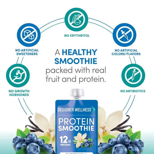 Miniatura 5 de Designer Wellness Batido de proteínas, vainilla de arándanos, 0.44 oz de proteína de suero, aperitivo de batido de fruta real, sin azúcar añadido