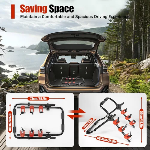 Miniatura 6 de Soporte de montaje para maletero de 3 bicicletas, soporte plegable para bicicleta, capacidad de carga máxima de 44 libras para la mayoría