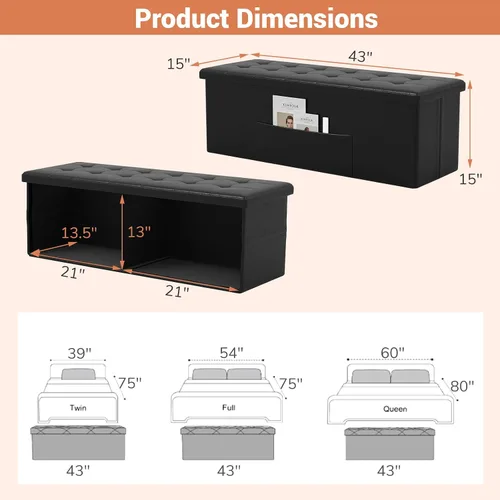 Miniatura 3 de Banco otomano plegable de almacenamiento de 43 pulgadas, taburete plegable para pie de cama con bolsillo lateral, baúl de almacenamiento para sala
