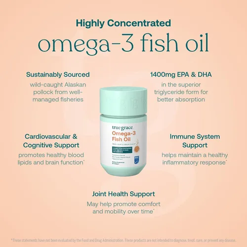 Miniatura 3 de True Grace Aceite de pescado omega-3 - 60 cápsulas blandas - 1400 mg de EPA + DHA - Salud cerebral, cardíaca, articular e inmunológica - Orgánico