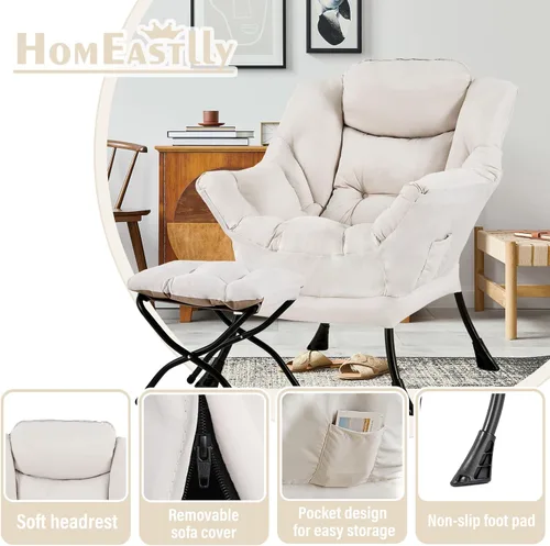 Miniatura 6 de Silla perezosa con otomana, silla de descanso moderna y grande con reposabrazos y reposapiés, silla de lectura con otomana, silla de sofá de ocio