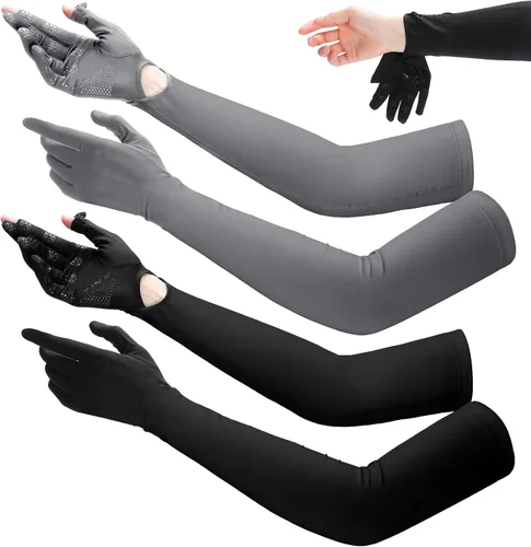 Miniatura 8 de Yahenda - 2 pares de guantes UV de protección solar larga para mujer, guantes de conducción con pantalla táctil, guantes de brazo de protección