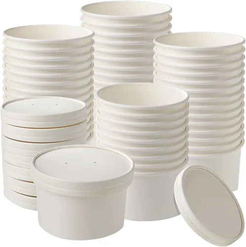 Miniatura 11 de Vasos de papel para helado con tapas de papel, tazas de papel para sopa caliente/fría con tapas (blanco) (40, 8 onzas)