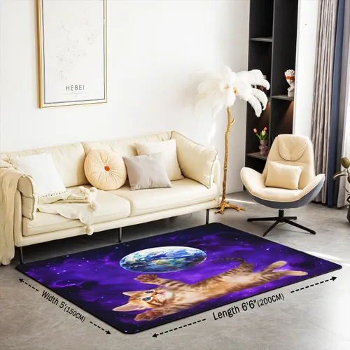 Miniatura 2 de Alfombra decorativa de gato de espacio exterior de 3 x 5 pies, diseño de plantas y gatitos, para niños, adolescentes, galaxia, cielo estrellado
