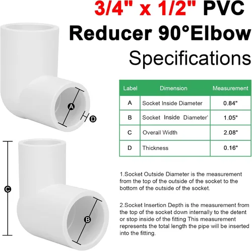 Miniatura 3 de 10Pack 3/4" x 1/2" PVC Increaser/Reducer 90 Degree Elbow PVC Pipe Fittings (Socket x Socket) Schedule 40 PVC Slip Reducing 90° Elbow Pipe Fittings