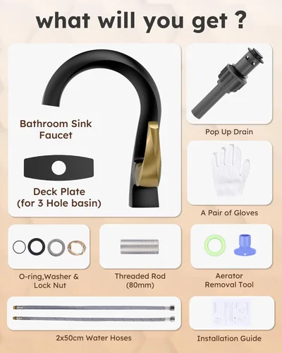 Miniatura 8 de WOWOW Grifo de Baño de Una Sola Manija 1 Agujero Grifo de Lavabo de Arco Alto en Negro y Oro con Drenaje Emergente, Grifo de Baño de Latón Sólido