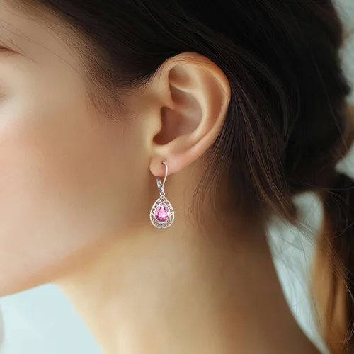 Miniatura 313 de Aretes colgantes de plata de ley con diseño de árbol de la vida, flor, abeja, animales, gato, colibrí, piedra lunar, turquesa, aretes con cierre