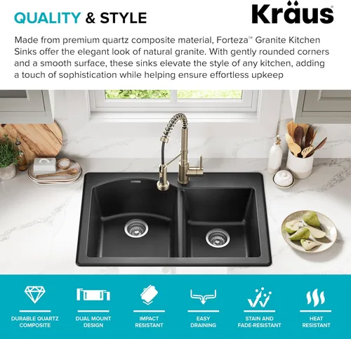 Miniatura 2 de Kraus Forteza - Fregadero de cocina de doble seno 50/50 de granito de instalación empotrada/sobre encimera, 33 pulgadas, color negro (KGD-52BLACK)