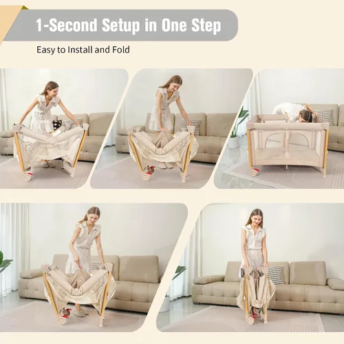 Miniatura 8 de Moisés para bebé 5 en 1, paquete y juego, cuna de bebé ajustable junto al dormir, configuración de un segundo y una mano, corralito portátil Beige