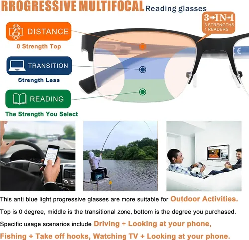 Miniatura 3 de Gafas de Lectura Multifocales para Hombres, Bifocales, Progresivas, Multifocales, sin Línea, de Lectura de Computadora, Bloqueo de Luz Azul, Armazón