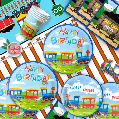 Miniatura 2 de Suministros para fiesta de cumpleaños de tren, juego de vajilla de 128 piezas para decoración de fiesta de tren, platos y tazas, servilletas, tren