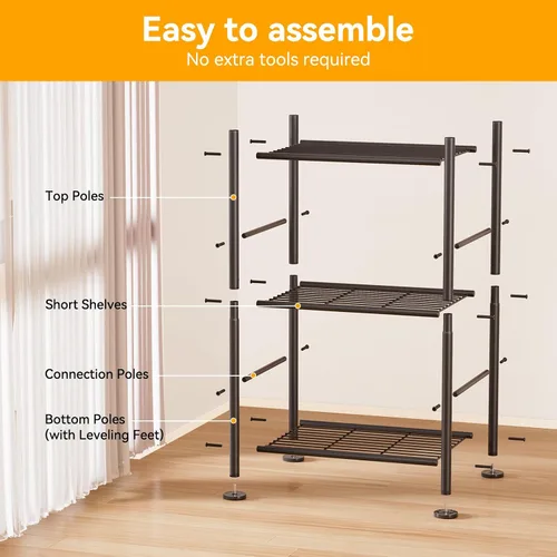 Miniatura 6 de BolDuck Estante organizador de estantes de 3 niveles, estantería de metal con patas niveladoras ajustables, estantes de almacenamiento que ahorran