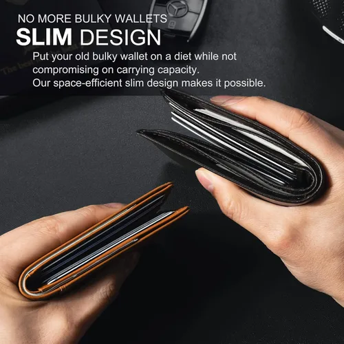 Miniatura 7 de GSOIAX Billetera delgada para hombre, minimalista, de piel auténtica, fibra de carbono, bloqueo Rfid, de piel de vaca, plegable, tarjetero con caja