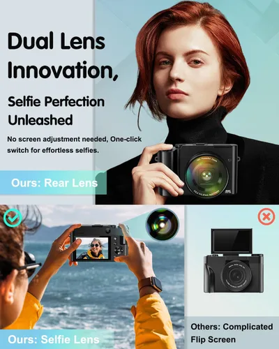 Miniatura 2 de Cámara digital 4K para fotografía, cámara de video de enfoque automático de 64 MP para YouTube con lente selfie, cámara de video compacta de viaje