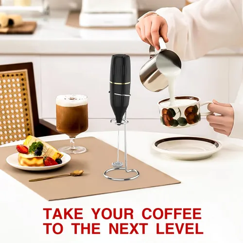 Miniatura 6 de Homexup Espumador de leche de mano de 14,000 rpm, mezclador de bebidas con soporte y cuchara agitadora, funcionamiento silencioso con un botón