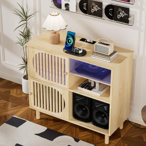 Miniatura 3 de Soporte grande para tocadiscos con almacenamiento y luces LED, gabinete de almacenamiento de discos de vinilo con capacidad para hasta 350 álbumes