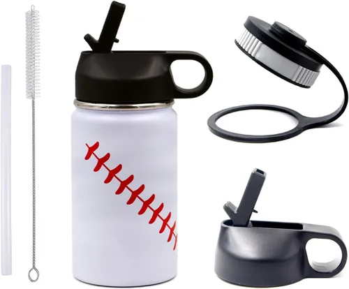 Miniatura 18 de Botella de agua de baloncesto de 12 onzas, botella de agua deportiva aislada al vacío de acero inoxidable con popote y 2 tapas, botella de agua