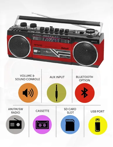 Miniatura 2 de Riptunes Boombox de cassette, Boombox retro Bluetooth, reproductor y grabador de cassette, radio AM/FM/SW-1-SW2 de 4 bandas, USB, SD y entrada Negro