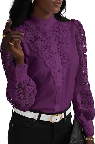 Miniatura 13 de Rooscier Blusa Elegante de Encaje de Crochet con Cuello Alto Simulado de Manga Larga con Botones para Mujer Top