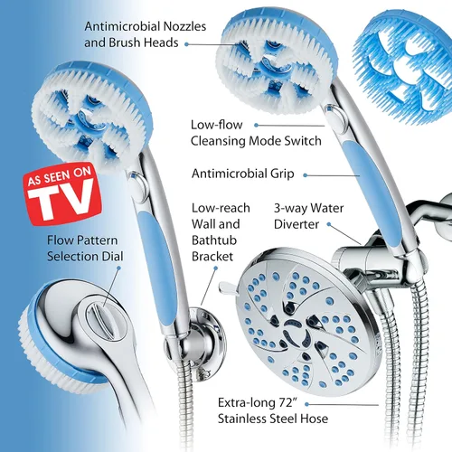 Miniatura 3 de Aquassage 5 en 1 de AquaCare - Cabezal de ducha de alta presión de 76 modos, combinado, ducha de mano, cepillo corporal y cepillo de pelo en uno.