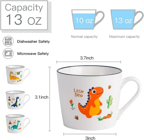Miniatura 3 de Juego de 4 tazas de cerámica de dinosaurio de 13 onzas, tazas de dinosaurio para regalos, lindas tazas de porcelana de dibujos animados para leche
