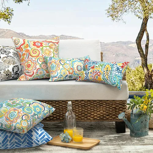 Miniatura 241 de Juego de 2 almohadas para exteriores de 16 x 16 pulgadas, repelentes al agua con interiores, para muebles de patio, hogar, jardín, geometría bohemia