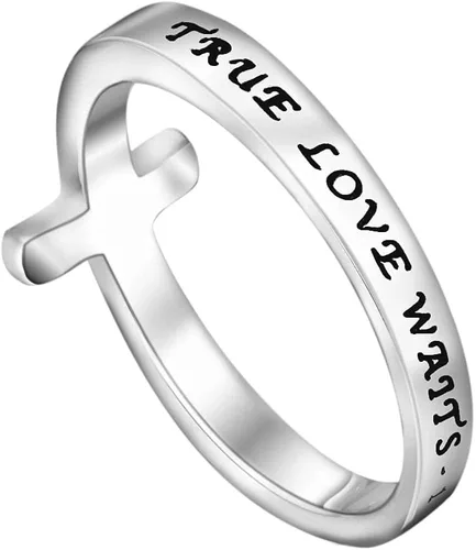 Miniatura 2 de Anillo True Love Waits de lado de pureza cruzada, ceremonia de castidad cristiana, acero inoxidable