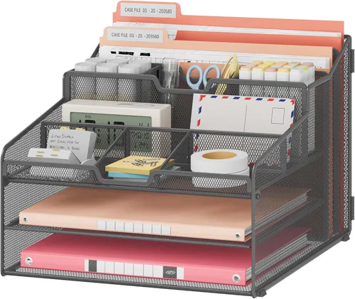 Miniatura 9 de Lavatino Organizador de escritorio, malla metálica con 2 bandejas de papel para cartas, 7 divisores flexibles, 2 soportes verticales para archivos