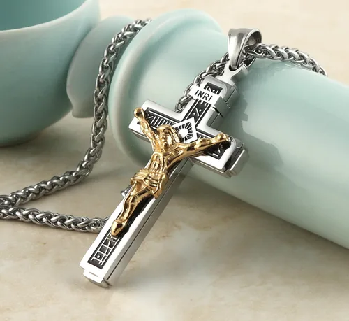 Miniatura 4 de HZMAN Católico Jesucristo en INRI Cruz Crucifijo Oro Plata Tono Acero Inoxidable Colgante Collar 22+2 Cadena